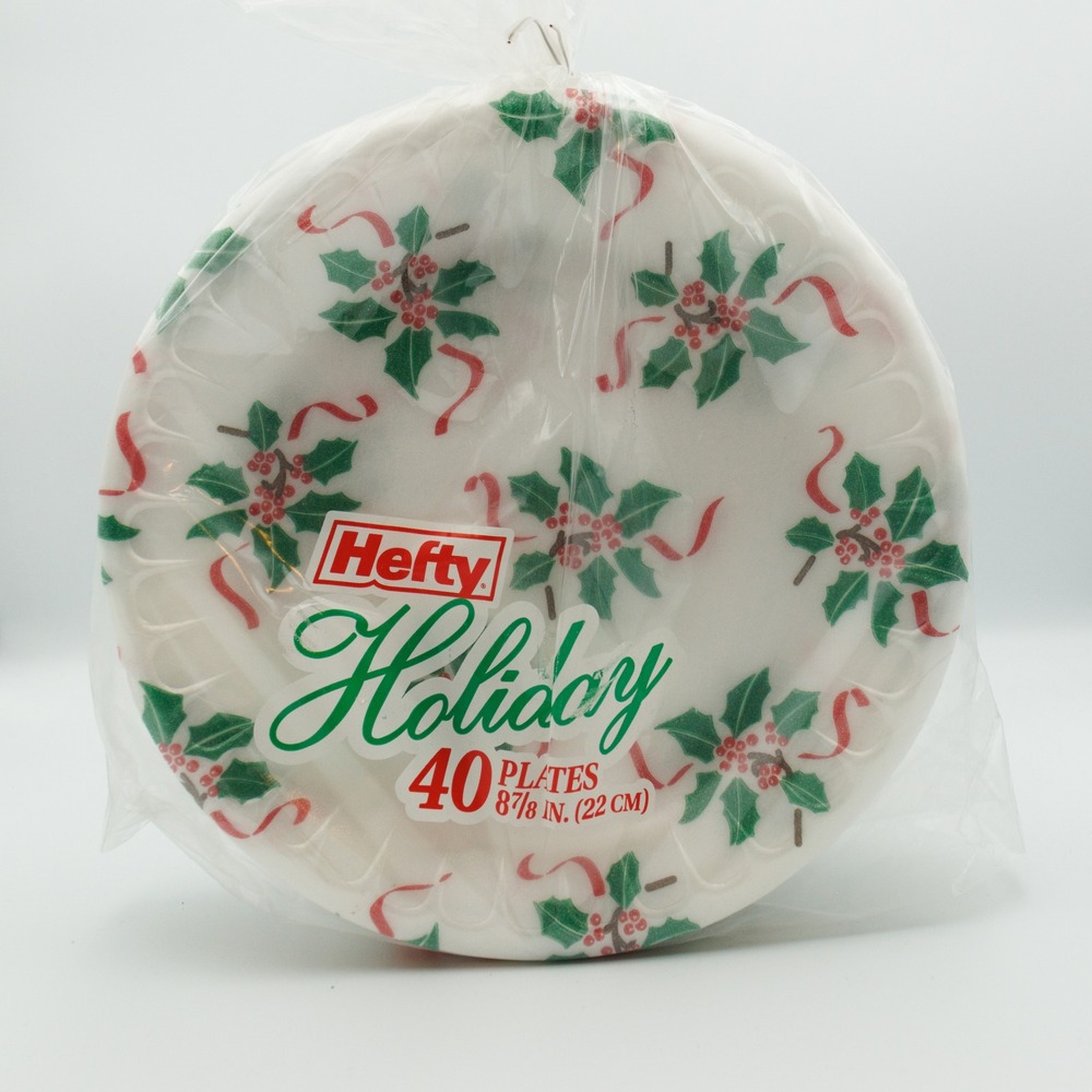Vintage Christmas Plates Styrofoam Hefty Holiday Holly Berries 40 Foam 2001